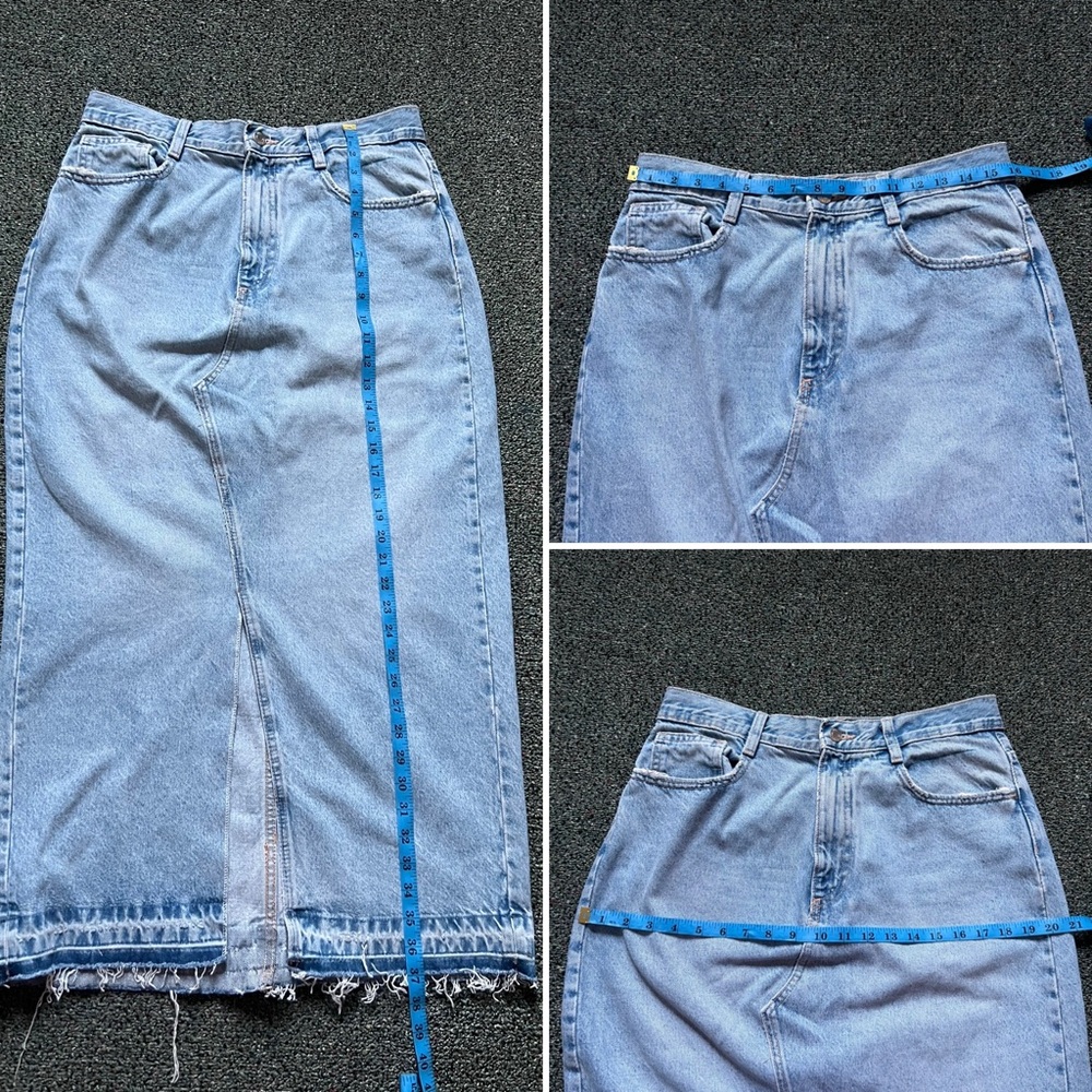 ZARA Light Wash Denim Distressed Hem Straight Midi Maxi Front Slit Cotton Skirt - Picture 16 of 16